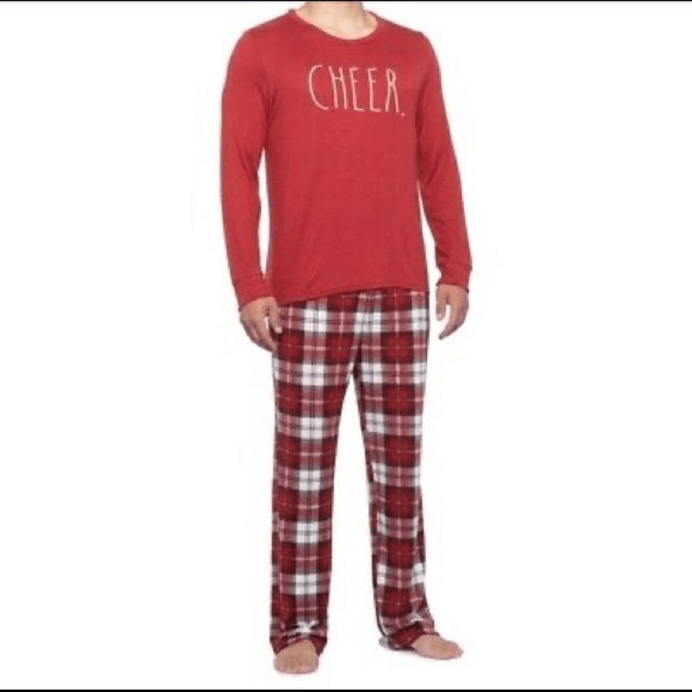 Rae Dunn Cheer Men’s XL Red Pajama Set Plaid Christmas Holiday Matching Warm Dad